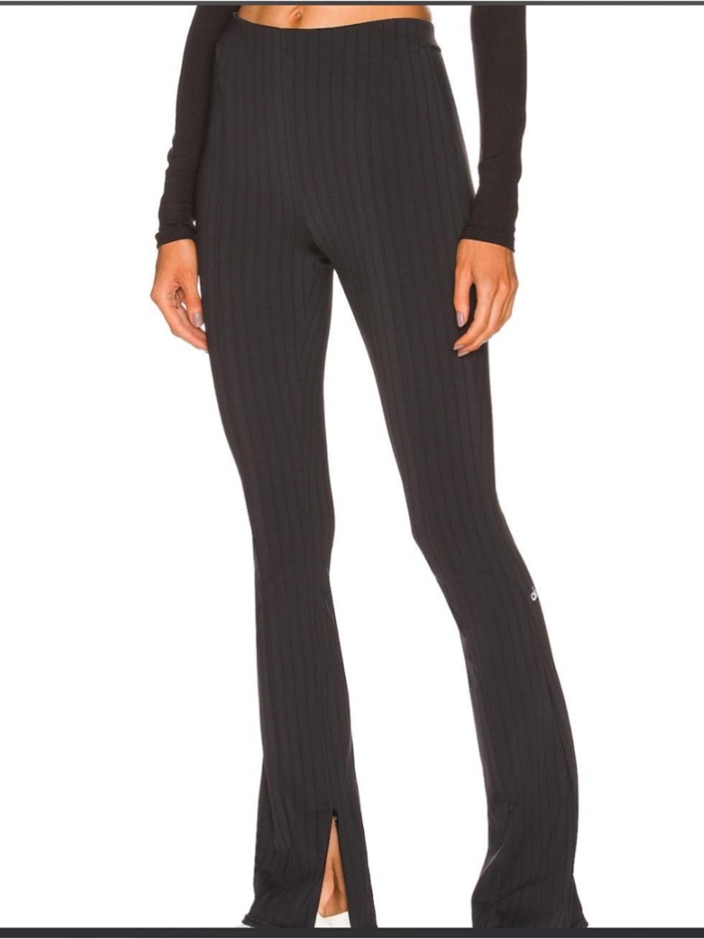 ALO high waist zip it flare legging pants with hem slit